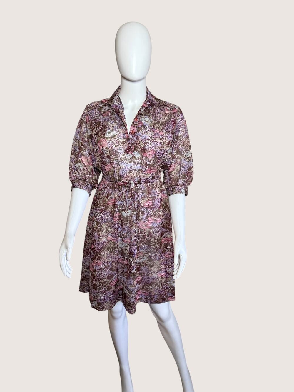 Vintage Jachine Floral Tie Waist Shirt Dress